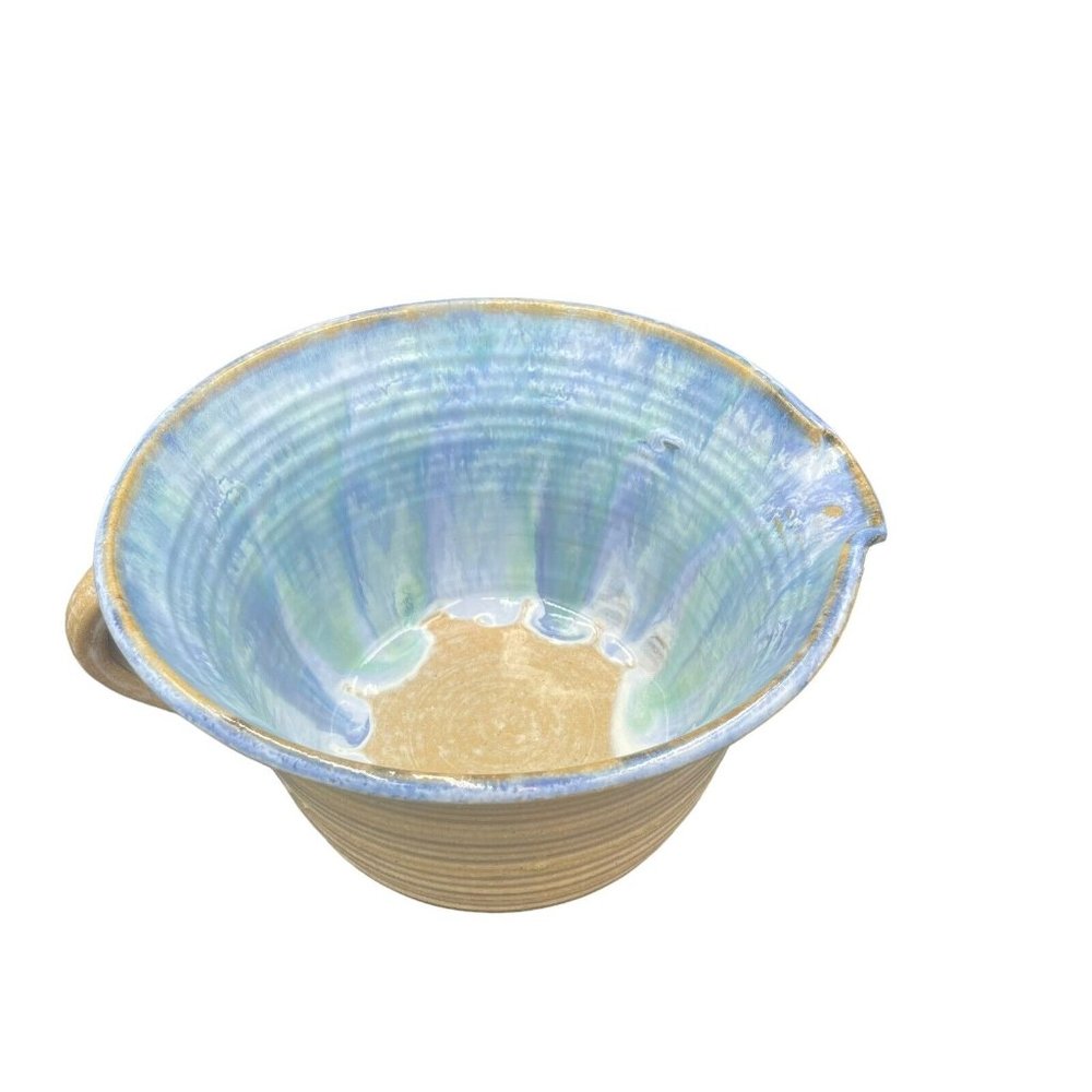 Art studio handmade pottery Mixing Bowl Alan Ward 1991 Blue Green Drip Glaze
